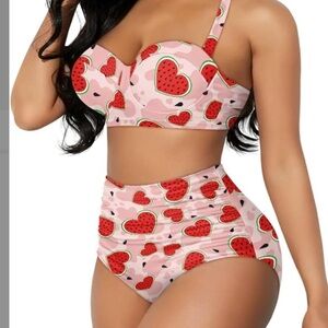 NWOT Watermelon Print Halter Bikini set Top and bottom retro watermelon